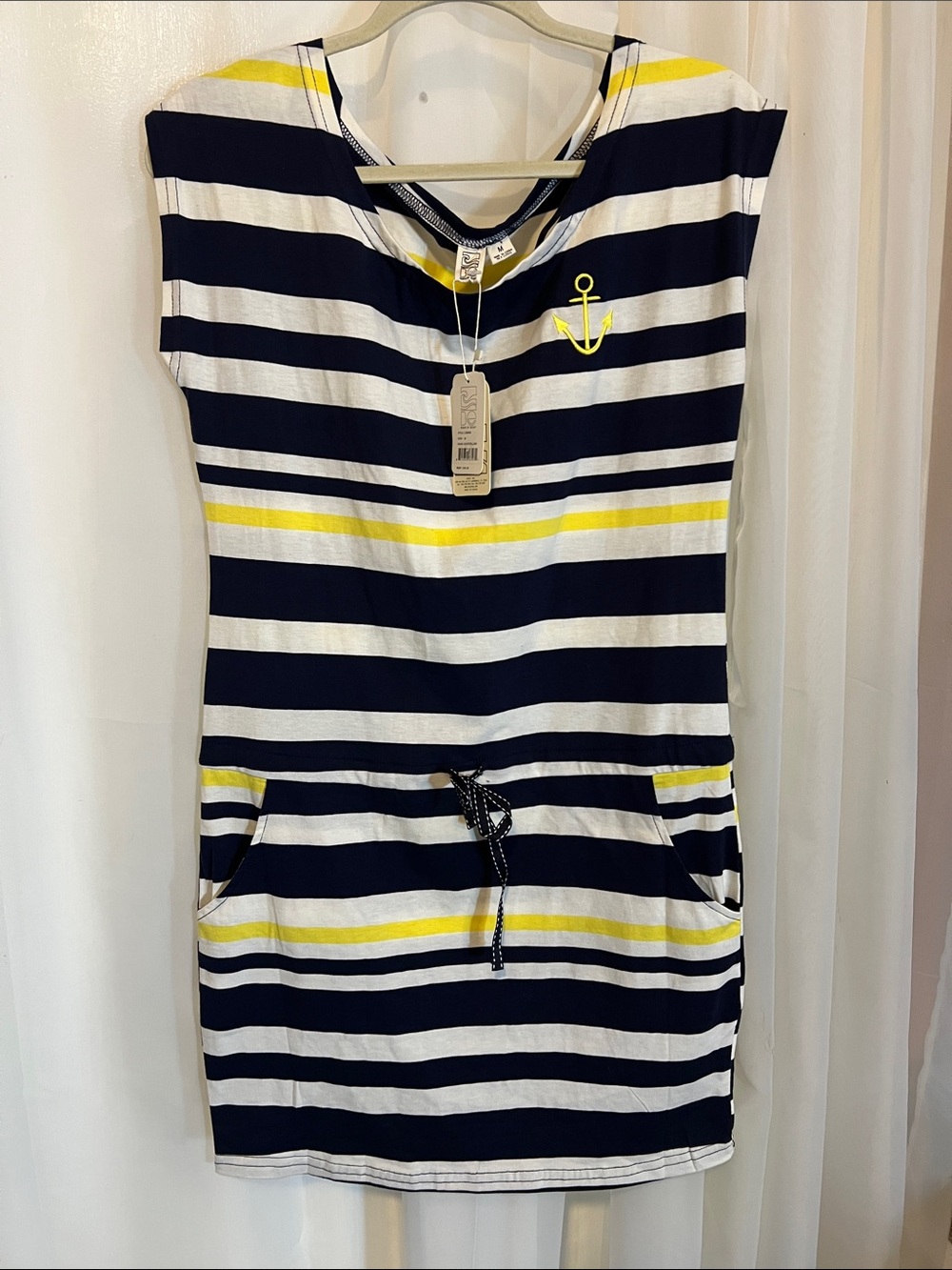 Beach By Exist Navy, White & Yellow Striped Mini Dress